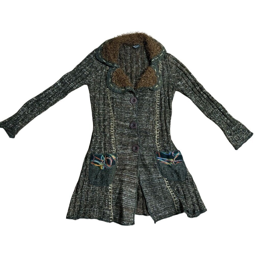 Y2K Sacred Threads Women's S Knit Coatigan Duster Sweater Faux Fur Grunge